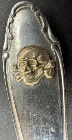 WW2 German Nazi early silverware spoon with WAFFEN SS TOTENKOPF skull and SS runes on the back WW2 German Nazi early silverware spoon with WAFFEN SS TOTENKOPF skull and SS runes on the back
