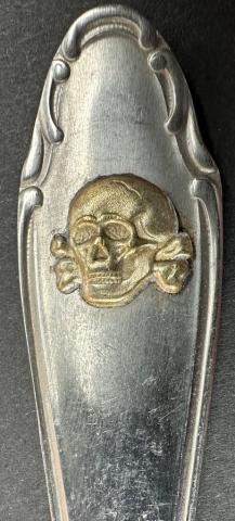 WW2 German Nazi early silverware spoon with WAFFEN SS TOTENKOPF skull and SS runes on the back WW2 German Nazi early silverware spoon with WAFFEN SS TOTENKOPF skull and SS runes on the back