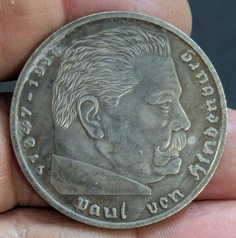 WW2 German Nazi Third Reich NSDAP Adolf Hitler Hindenburg large 5 marks coin