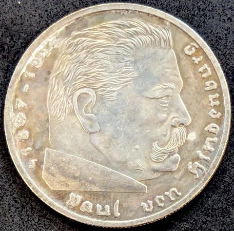 WW2 German Nazi Third Reich NSDAP Adolf Hitler Hindenburg large 5 marks coin