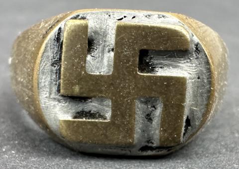 WW2 German Nazi Third Reich patriotic Hitler party SWASTIKA golden ring MARKED silver
