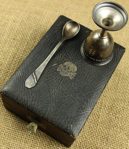 WW2 German Nazi Waffen SS egg set in black case silverware with SS runes