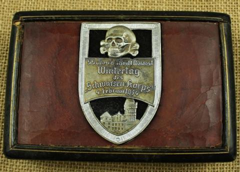 WW2 German Nazi WAFFEN SS TOTENKOPF memorial cigarette box wood and leather 1934