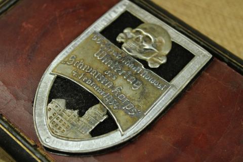 WW2 German Nazi WAFFEN SS TOTENKOPF memorial cigarette box wood and leather 1934