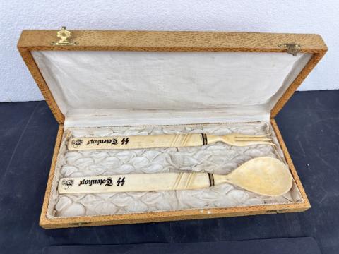 WW2 German Nazi WAFFEN SS TOTENKOPF officer wedding gift large fork and spoon in case with Reich Eagle