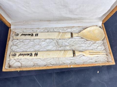 WW2 German Nazi WAFFEN SS TOTENKOPF officer wedding gift large fork and spoon in case with Reich Eagle
