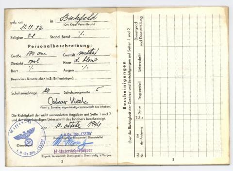 original WAFFEN SS TOTENKOPF PANZER DIVISION NCO SOLDBUCH ID stamped