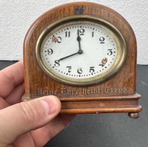 WW2 GERMAN NAZI WAFFEN SS TOTENKOPF WOODEN DESKTOP CLOCK WITH SS RUNES DAGGER MOTTO AND SS EAGLE