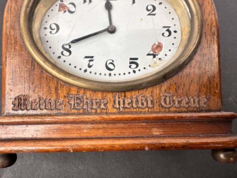 WW2 GERMAN NAZI WAFFEN SS TOTENKOPF WOODEN DESKTOP CLOCK WITH SS RUNES DAGGER MOTTO AND SS EAGLE