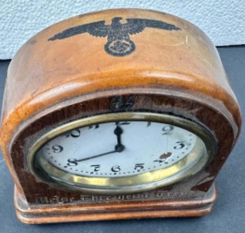 WW2 GERMAN NAZI WAFFEN SS TOTENKOPF WOODEN DESKTOP CLOCK WITH SS RUNES DAGGER MOTTO AND SS EAGLE