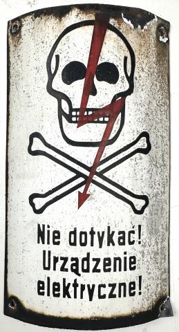 Concentration camp AUSCHWITZ BIRKENAU fences achtung minen skull metal sign