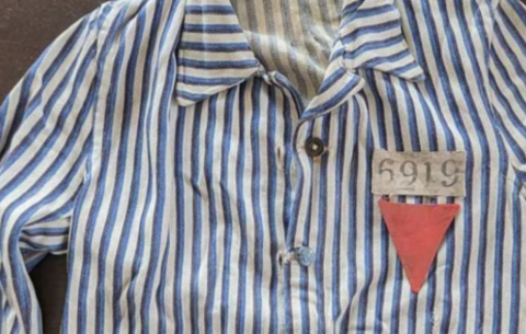 Concentration Camp AUSCHWITZ inmate survivor uniform Jacket + political patches + 2 letters SET