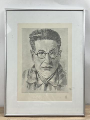 Concentration Camp BUCHENWALD liberated inmate hand made drawing photo in frame signed