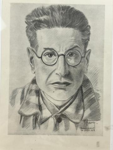 Concentration Camp BUCHENWALD liberated inmate hand made drawing photo in frame signed