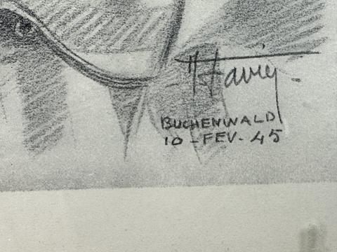 Concentration Camp BUCHENWALD liberated inmate hand made drawing photo in frame signed