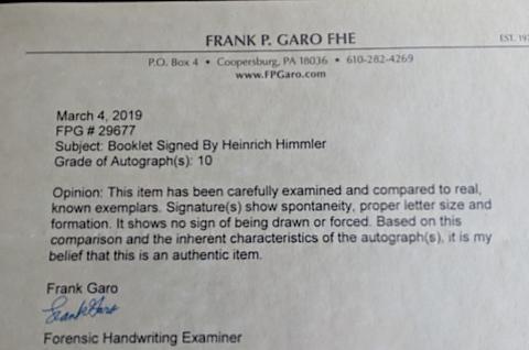 original genuine WAFFEN SS BOOK HEINRICH HIMMLER HANDMADE SIGNATURE autograph signed COA