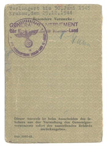 FORCED LABOUR ID KRAKAU GENERAL GOVERNMENT PERSONAL AUSWEIS OF A NON-GERMAN OFFICIAL 1944