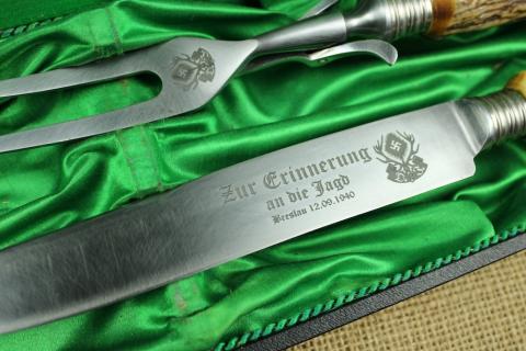 Hermann Goering personal house CARINHALL hunting trophee Jagerschaft meat set deer horn case silverware