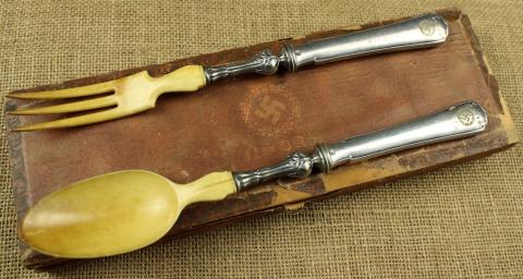 large NSDAP Nazi party spoon fork case bone silverware original authentic genuine a vendre