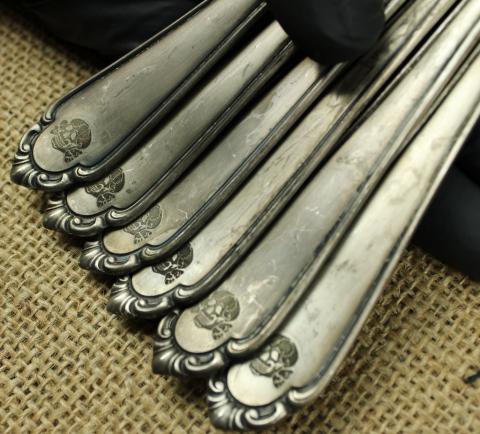 LISTED Waffen SS Totenkopf skull set of 6 SS TK spoons silverware marked in case with SS runes