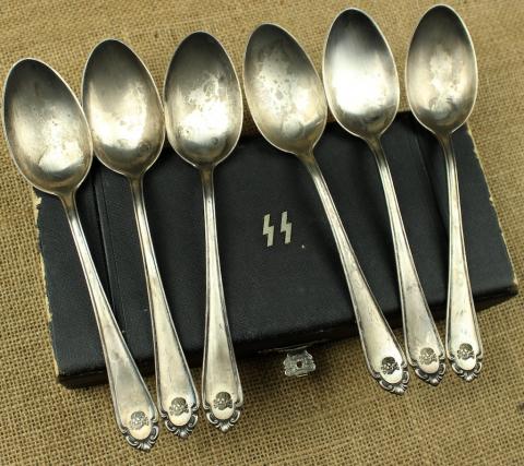 LISTED Waffen SS Totenkopf skull set of 6 SS TK spoons silverware marked in case with SS runes