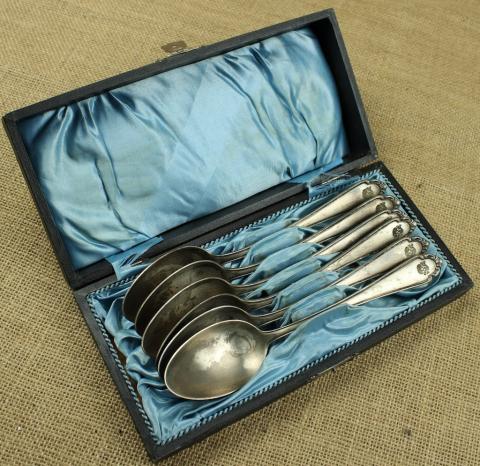 LISTED Waffen SS Totenkopf skull set of 6 SS TK spoons silverware marked in case with SS runes