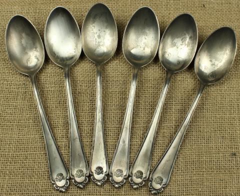 LISTED Waffen SS Totenkopf skull set of 6 SS TK spoons silverware marked in case with SS runes