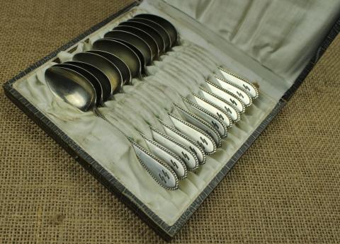 NICE Waffen SS totenkopf skull set of 12 silverware spoons marked in case