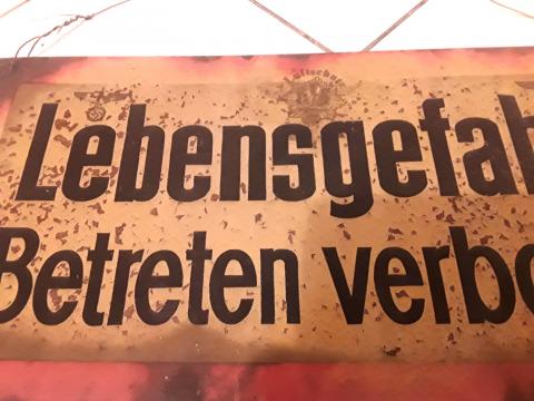 Original Luftchutz tin sign (yellow black) Danger of life ban, marked Luftchutz Glachau 1937, approved Ober Commander Wehrmacht.