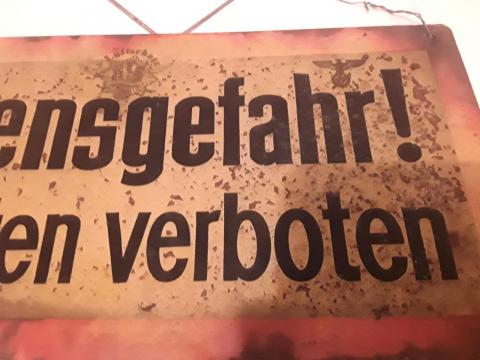 Original Luftchutz tin sign (yellow black) Danger of life ban, marked Luftchutz Glachau 1937, approved Ober Commander Wehrmacht.