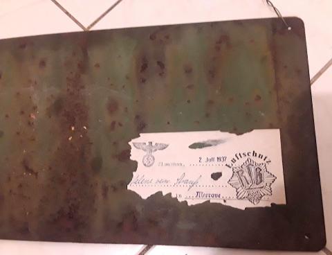 Original Luftchutz tin sign (yellow black) Danger of life ban, marked Luftchutz Glachau 1937, approved Ober Commander Wehrmacht.