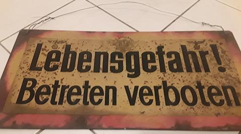 Original Luftchutz tin sign (yellow black) Danger of life ban, marked Luftchutz Glachau 1937, approved Ober Commander Wehrmacht.