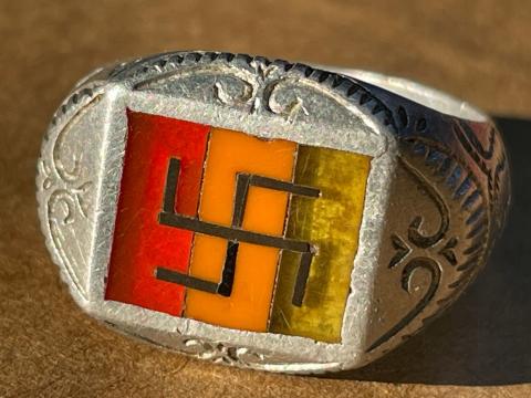 RARE WW2 German Nazi patriotic silver ring Afrika korps swastika flag Italy