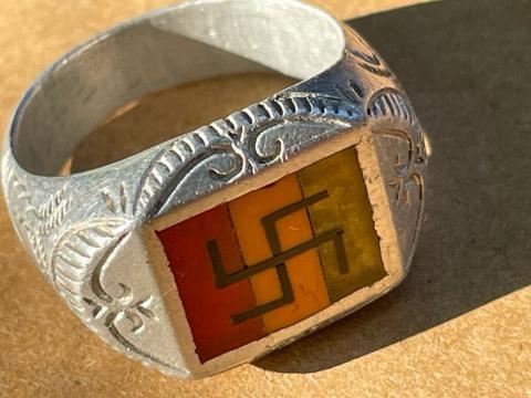 RARE WW2 German Nazi patriotic silver ring Afrika korps swastika flag Italy