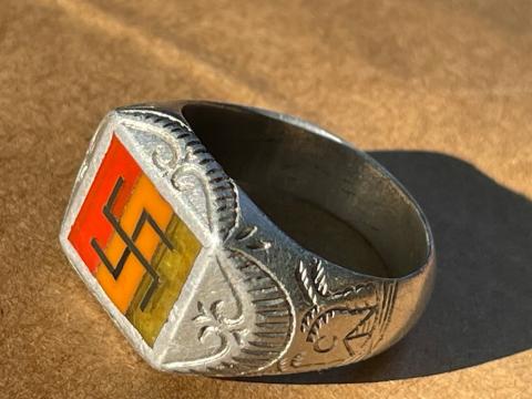 RARE WW2 German Nazi patriotic silver ring Afrika korps swastika flag Italy
