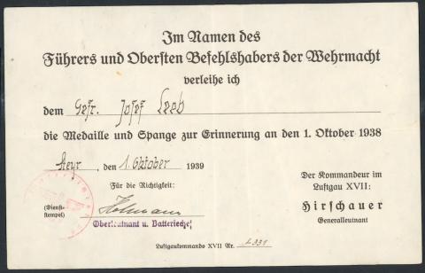 Sudetenland Medal commemorating 1 October 1938 award document stamped
