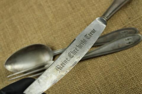 WAFFEN SS cutlery set SS runes case silverware original authentic motto on blade WAFFEN SS cutlery set SS runes case silverware original authentic motto on blade