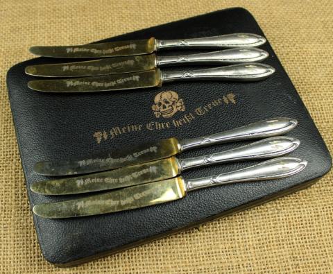 WAFFEN SS TOTENKOPF special officer set of 6 knives silverware marked with ss dagger motto WAFFEN SS TOTENKOPF special officer set of 6 knives silverware marked with ss dagger motto
