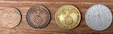 WW2 GERMAN NAZI 1 -2 - 10 - 50 DEUTSCHE COINS THIRD REICH ORIGINAL PERIOD WAR COIN WW2 GERMAN NAZI 1 2 10 50 DEUTSCHE COINS THIRD REICH ORIGINAL PERIOD WAR COIN