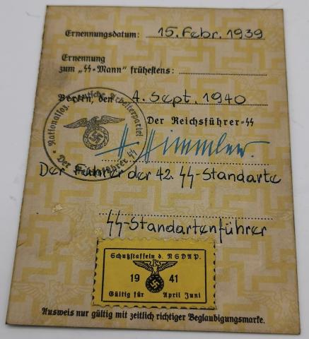 WW2 german Nazi early Waffen SS ID ausweis stamped Himmler signature facsimile WW2 german Nazi early Waffen SS ID ausweis stamped Himmler signature facsimile