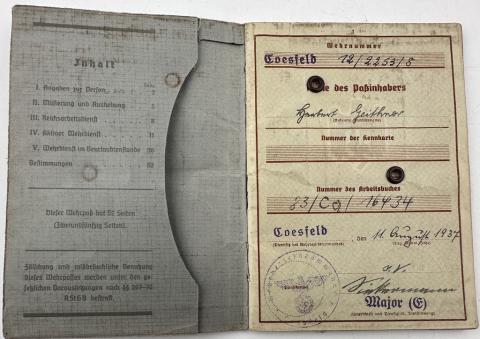 WW2 German Nazi Heer Wehrmacht officer Wehrpass ID entries stamps