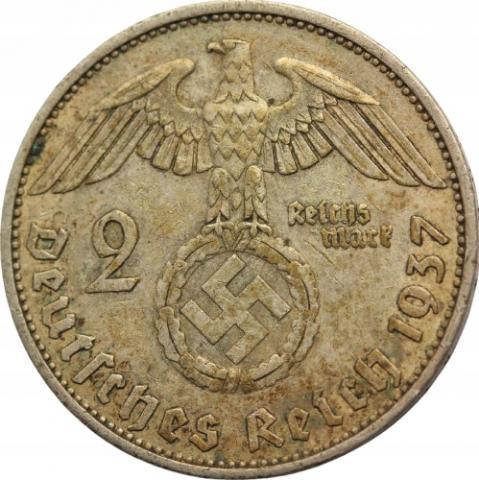 WW2 German Nazi Hindenburg - Adolf Hitler 2 Reichsmark coin swastika large