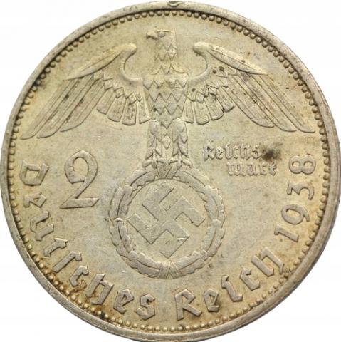 WW2 German Nazi Hindenburg - Adolf Hitler 2 Reichsmark coin swastika large