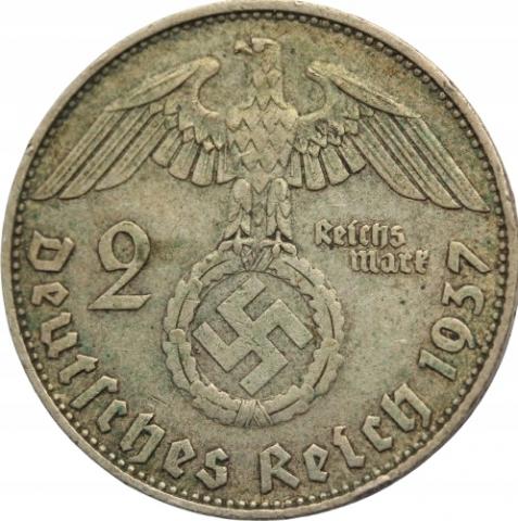 WW2 German Nazi Hindenburg - Adolf Hitler 2 Reichsmark coin swastika large