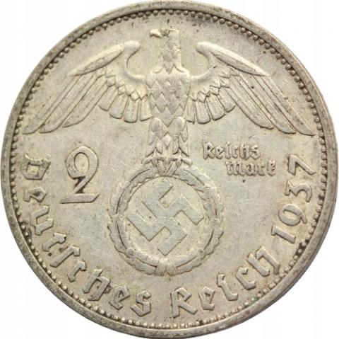 WW2 German Nazi Hindenburg - Adolf Hitler 2 Reichsmark coin swastika large