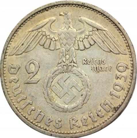 WW2 German Nazi Hindenburg - Adolf Hitler 2 Reichsmark coin swastika large