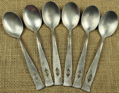 WW2 German Nazi HITLER YOUTH HJ silverware set marked spoons case diamond gold pin