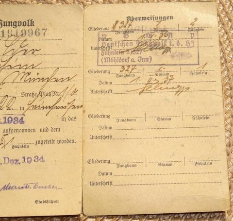 WW2 German Nazi HITLER YOUTH HJ photo ID booklet stamped