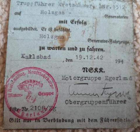 WW2 German Nazi NSKK driver license ID original signature general NSDAP Obergruppenfuhrer Karlsbad 1942