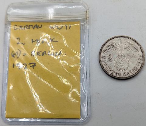 WW2 german Nazi Third Reich HINDENBURG silver coin 2 REICH MARKS